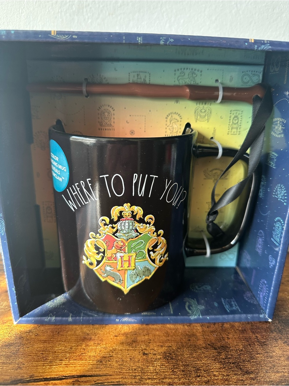Harry Potter Hogwarts Color Changing Black to Blue Ravenclaw Mug, Magic Wand NWT